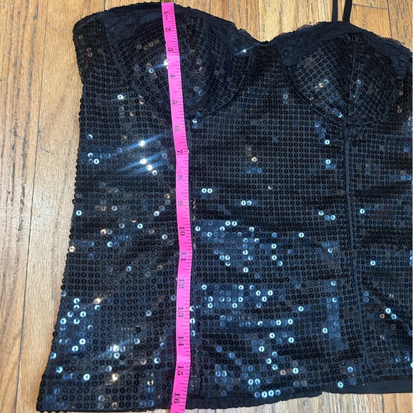Black Sequin Party Holiday New Years Bachelorette Bustier Cami Blouse L - Picture 3 of 5